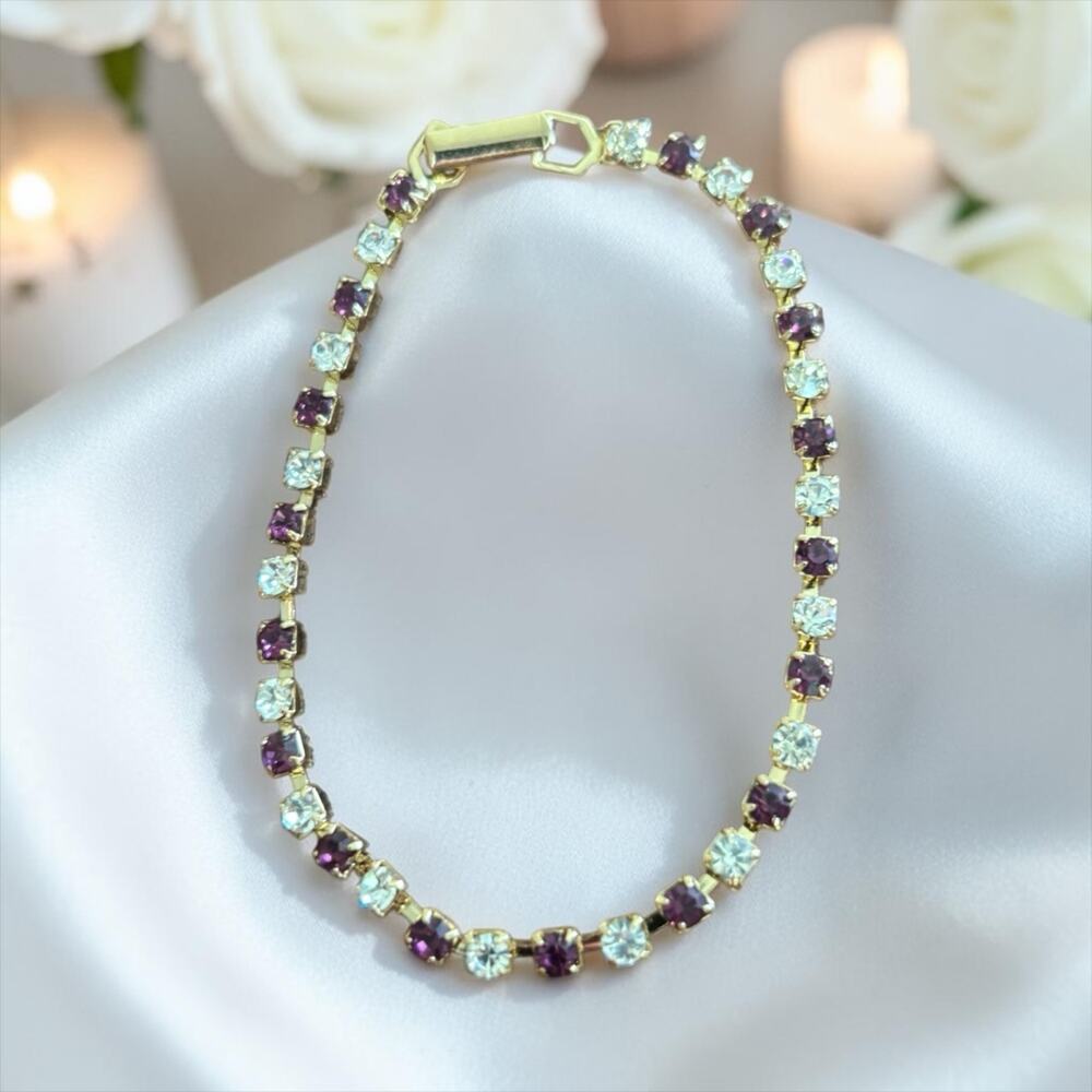 Purple & Crystal Rhinestone Tennis Bracelet Gold Tone Vintage Glam Flip Clasp